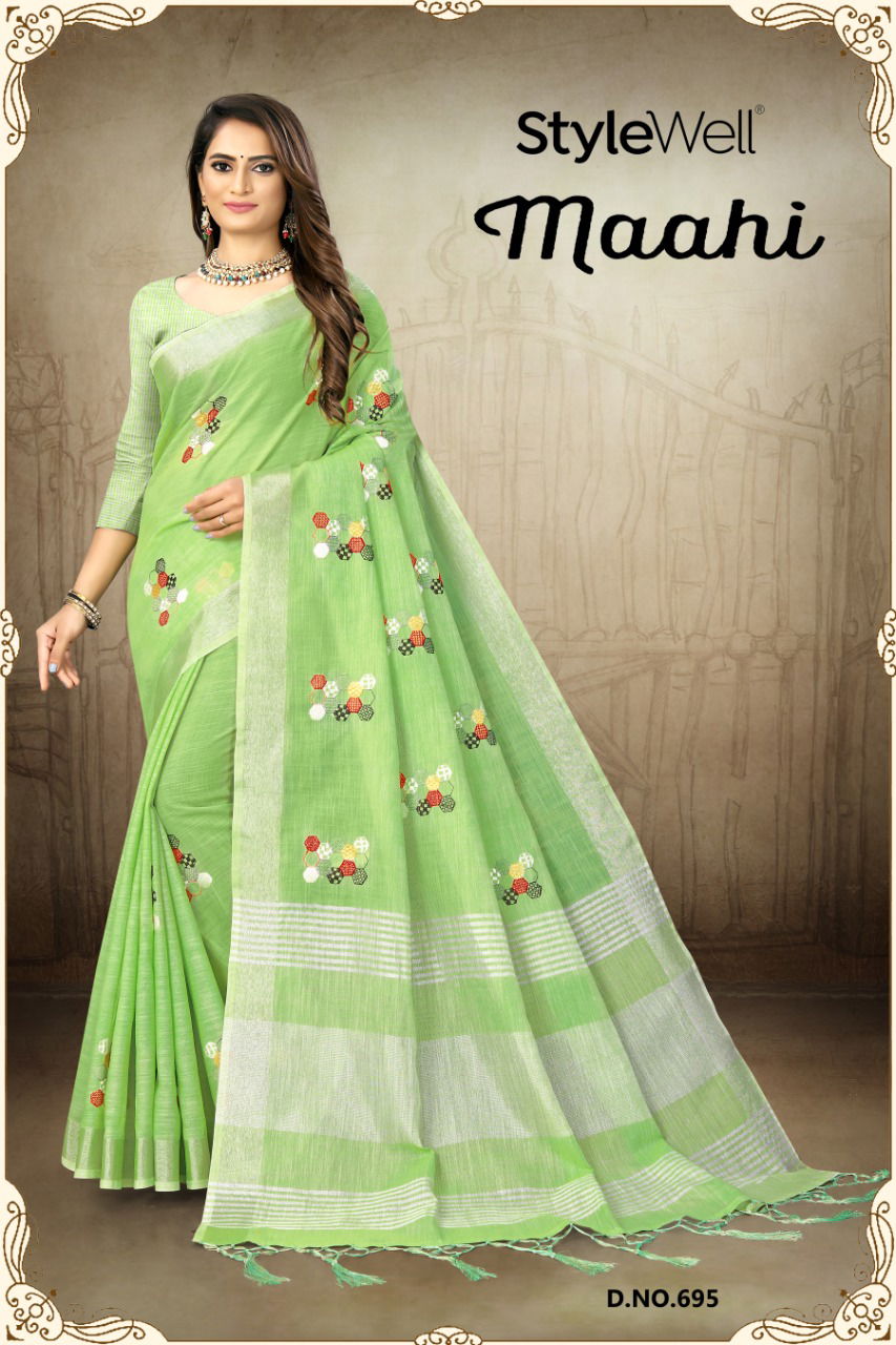 Style Well Maahi  New Exclusive Embroidery on Linen Patta Sarees Collection